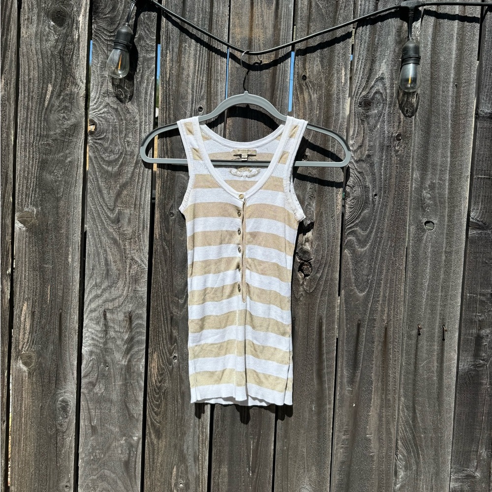 Burberry Gold White Striped Button Front Henley Style Racerback Scoop Neck Tank